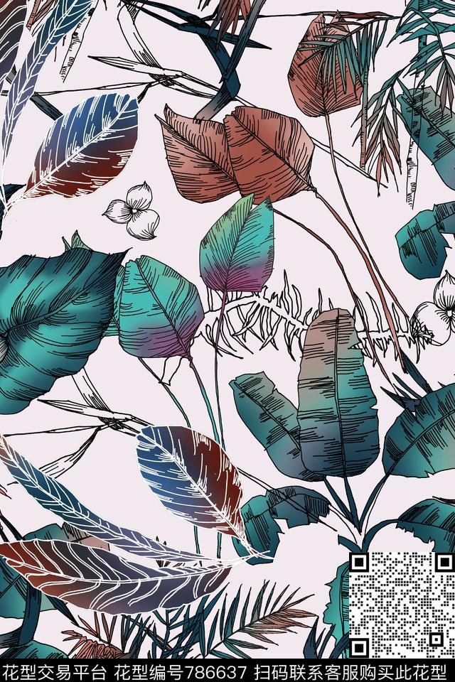 热带植物树叶线条数码印花华亿平台下载（图片编号: 786637） - 瓦栏（Walan）