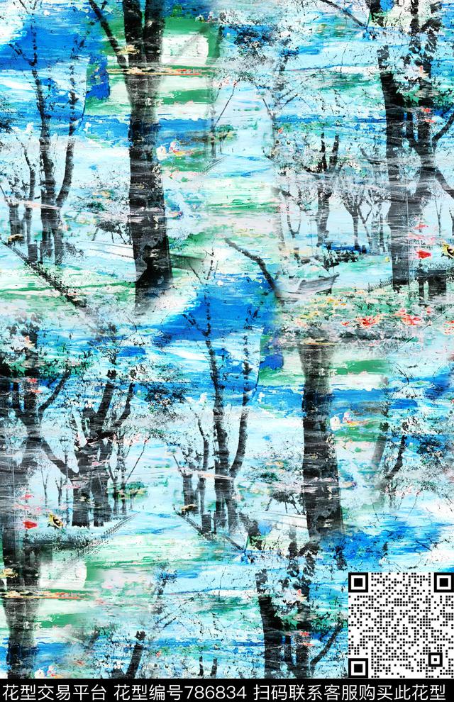 手绘抽象树林数码印花华亿平台下载（图片编号: 786834） - 瓦栏（Walan）