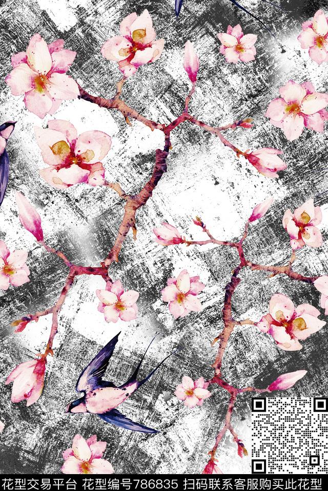 水墨肌理桃花数码印花华亿平台下载（图片编号: 786835） - 瓦栏（Walan）