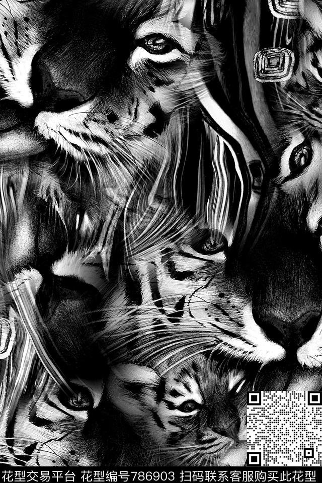 黑白暗黑动物纹数码印花华亿平台下载（图片编号: 786903） - 瓦栏（Walan）