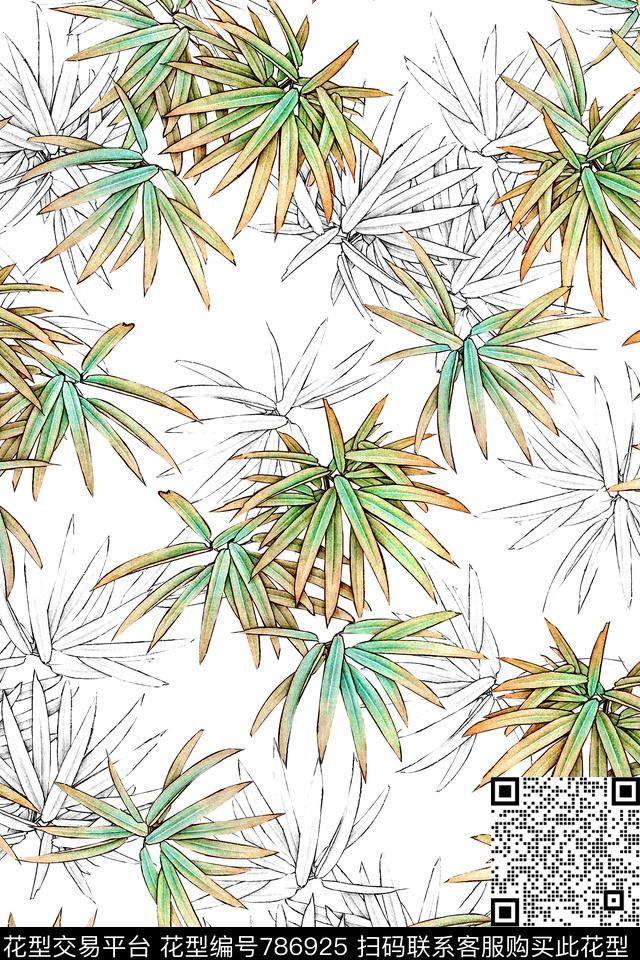 竹子竹叶线描数码印花华亿平台下载（图片编号: 786925） - 瓦栏（Walan）