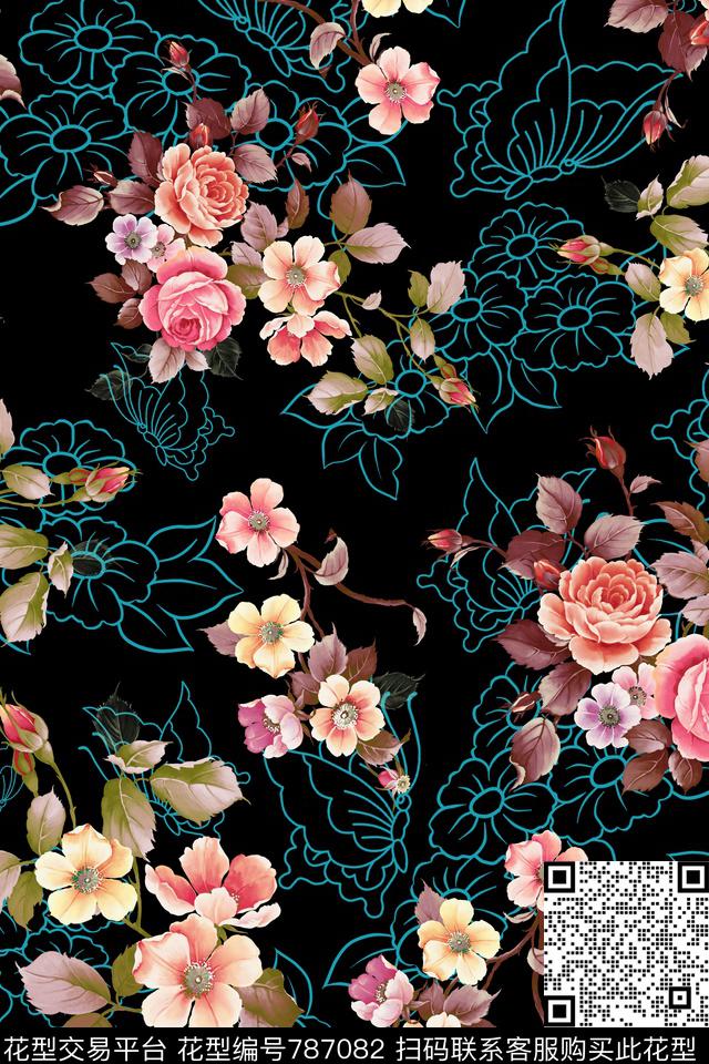 大花花朵花卉数码印花华亿平台下载（图片编号: 787082） - 瓦栏（Walan）