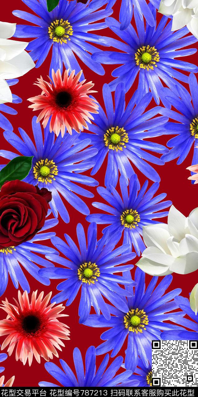 乱花雏菊玫瑰数码印花华亿平台下载（图片编号: 787213） - 瓦栏（Walan）