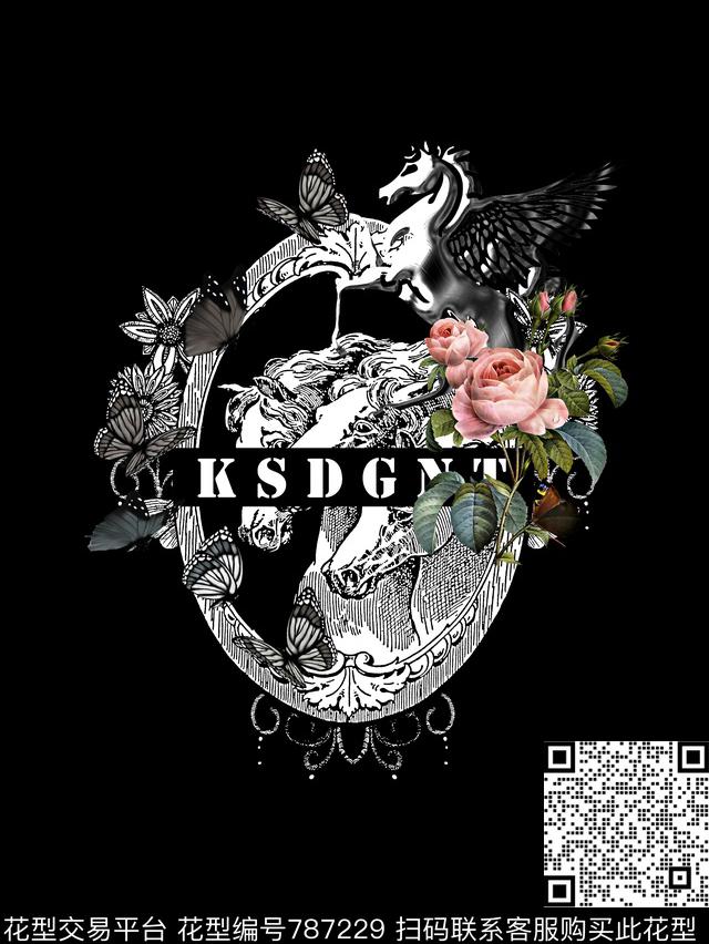 复古花卉飞马男装T恤华亿平台数码印花华亿平台下载（图片编号: 787229） - 瓦栏（Walan）