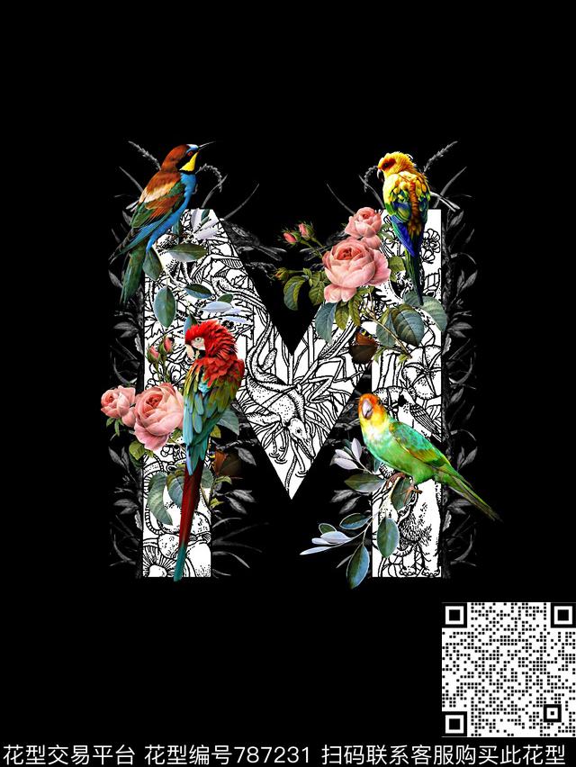 花鸟艺术英文字男装T恤华亿平台数码印花华亿平台下载（图片编号: 787231） - 瓦栏（Walan）
