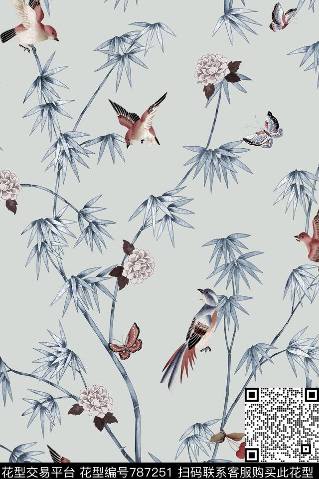 竹子鸟小花数码印花华亿平台下载（图片编号: 787251） - 瓦栏（Walan）