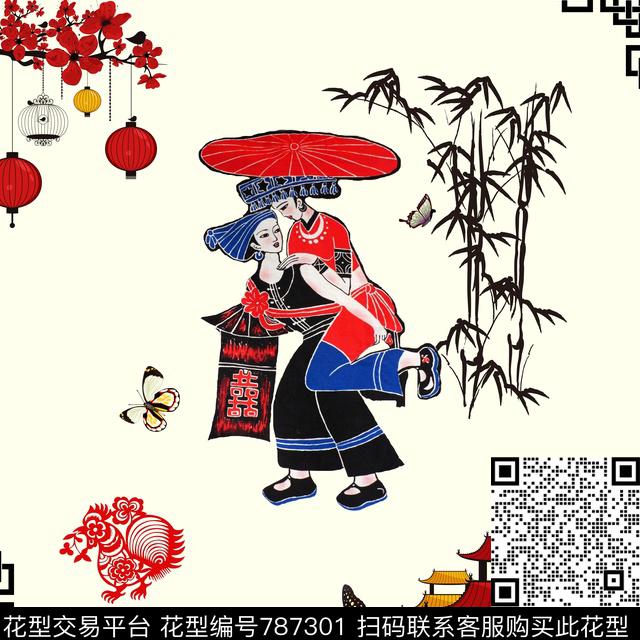 花鸟时尚中国风数码印花华亿平台下载（图片编号: 787301） - 瓦栏（Walan）