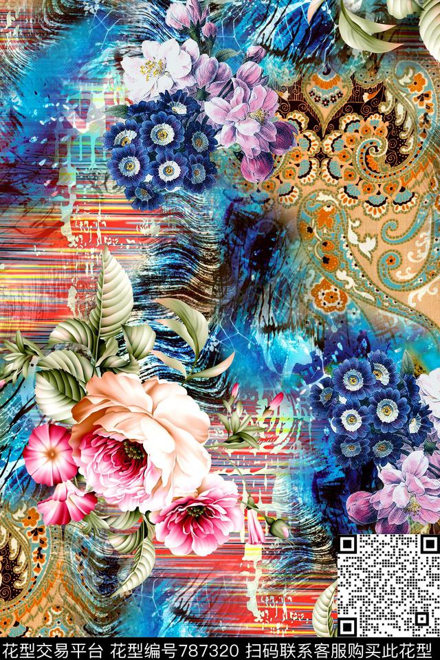 时尚手绘花卉数码印花华亿平台下载（图片编号: 787320） - 瓦栏（Walan）