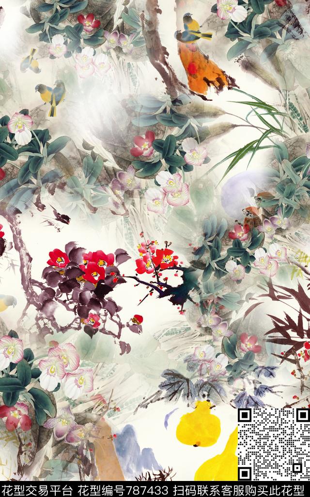 国画中国风牡丹数码印花华亿平台下载（图片编号: 787433） - 瓦栏（Walan）