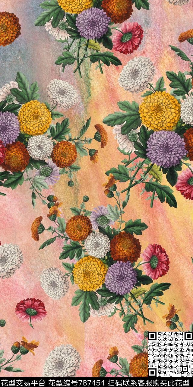 乱花花鸟雏菊数码印花华亿平台下载（图片编号: 787454） - 瓦栏（Walan）