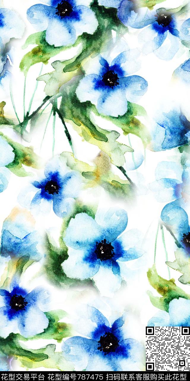 花卉散花水彩数码印花华亿平台下载（图片编号: 787475） - 瓦栏（Walan）