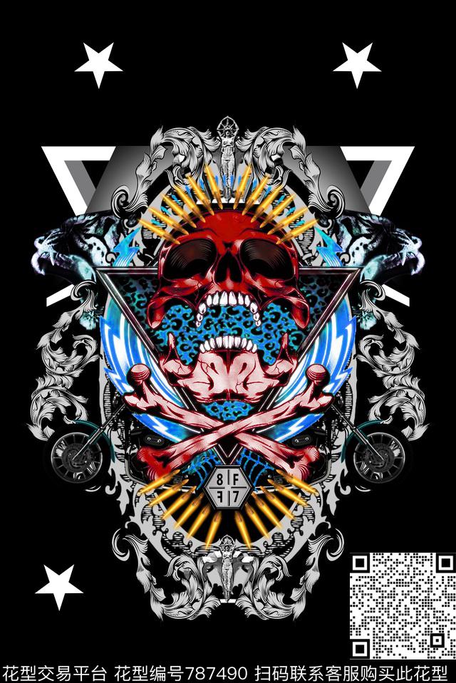 几何大牌骷髅头数码印花华亿平台下载（图片编号: 787490） - 瓦栏（Walan）