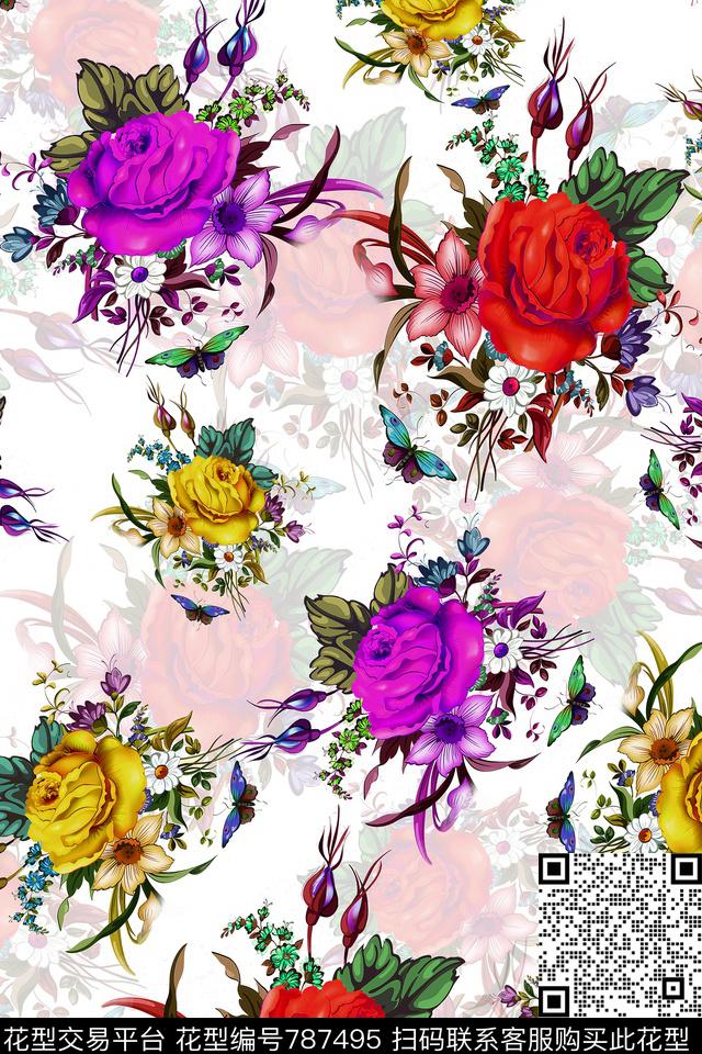 大花花朵花卉数码印花华亿平台下载（图片编号: 787495） - 瓦栏（Walan）