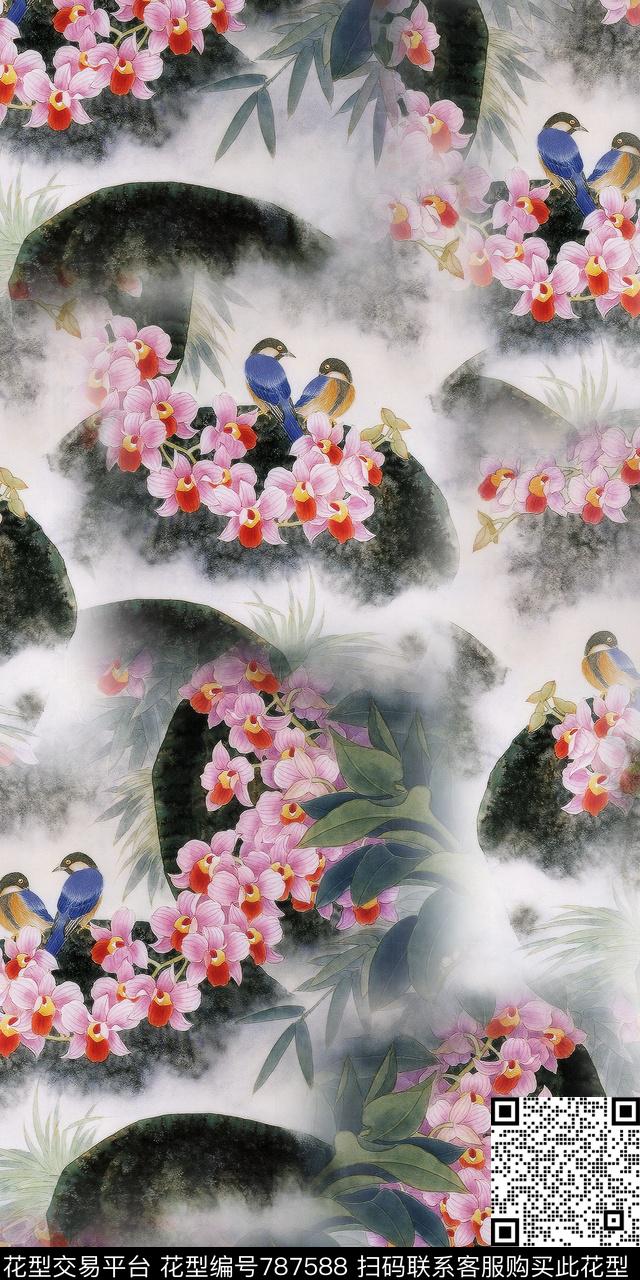 鸟满版花乱花数码印花华亿平台下载（图片编号: 787588） - 瓦栏（Walan）