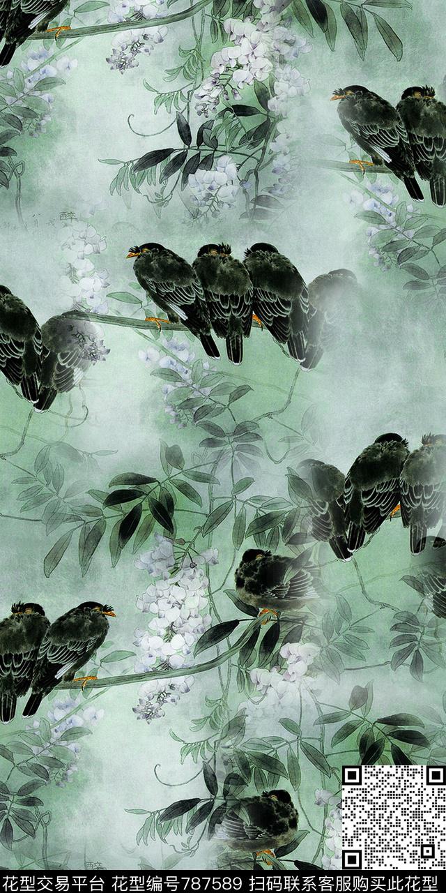 鸟满版花乱花数码印花华亿平台下载（图片编号: 787589） - 瓦栏（Walan）