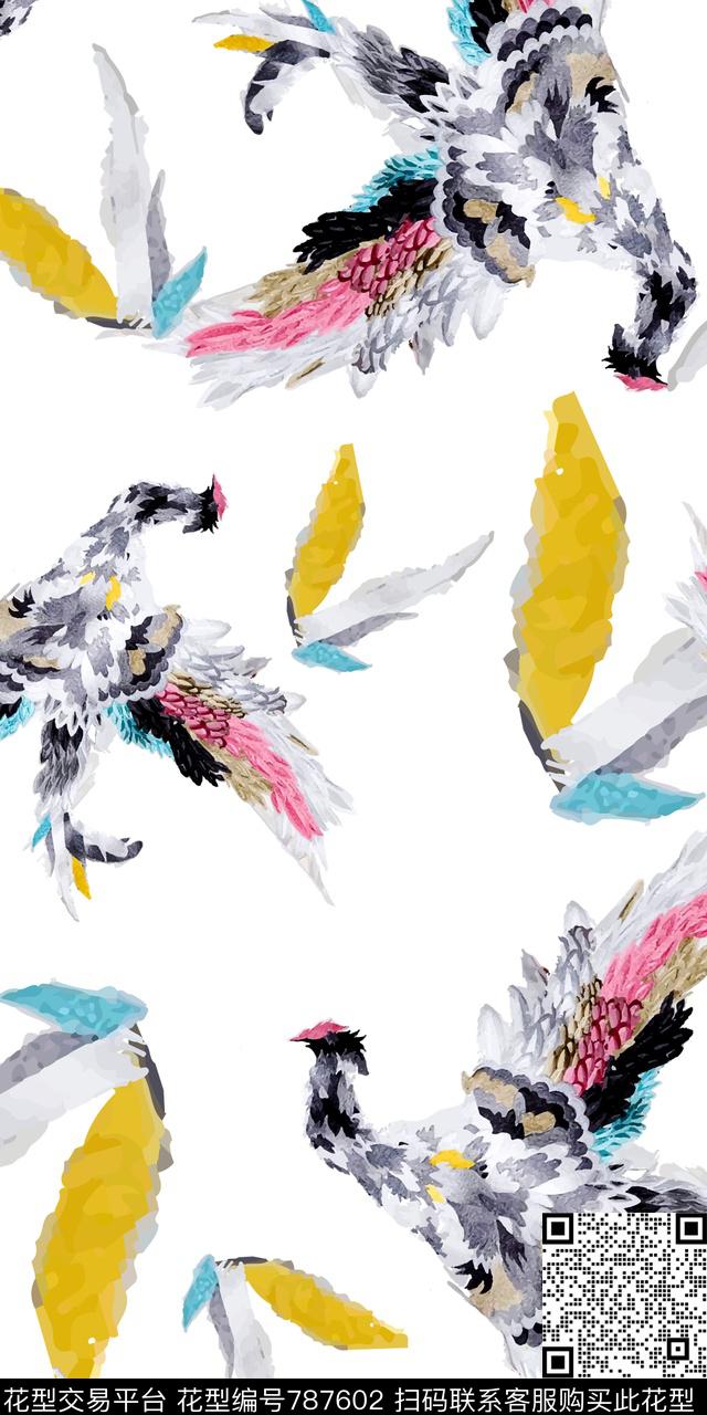 抽象鸟类清新清爽手绘鸟类数码印花华亿平台下载（图片编号: 787602） - 瓦栏（Walan）
