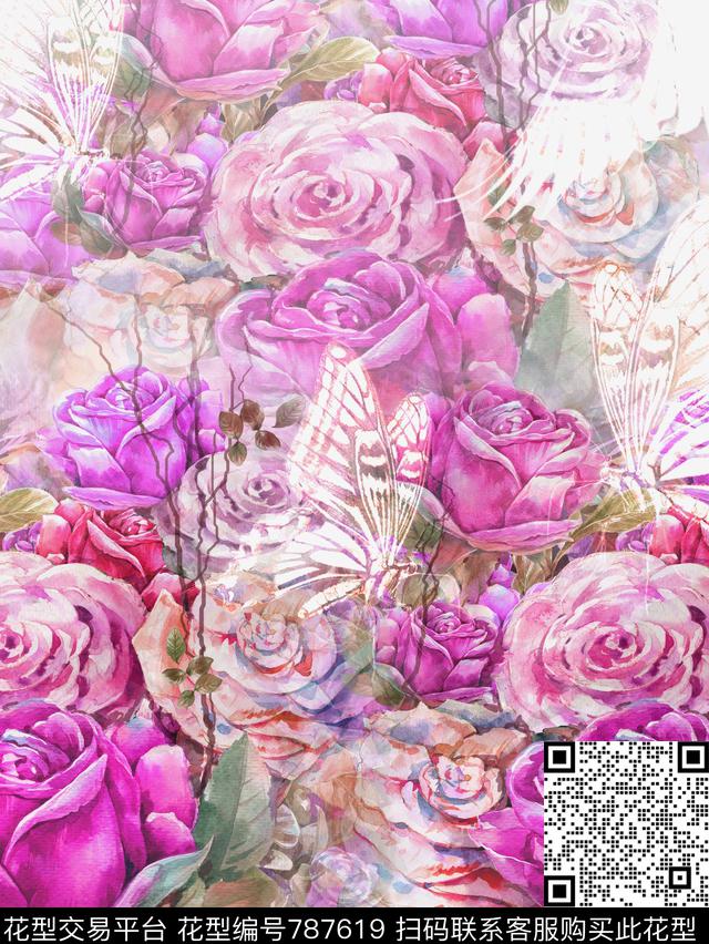 中国风大花玫瑰数码印花华亿平台下载（图片编号: 787619） - 瓦栏（Walan）