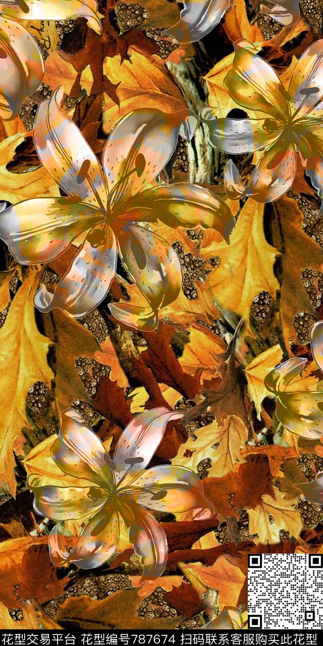 树枝树叶百合花数码印花华亿平台下载（图片编号: 787674） - 瓦栏（Walan）