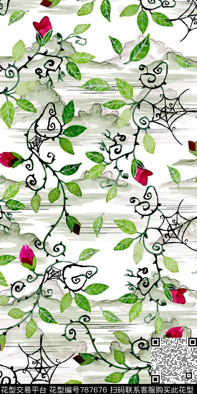 树叶花卉树枝数码印花华亿平台下载（图片编号: 787676） - 瓦栏（Walan）