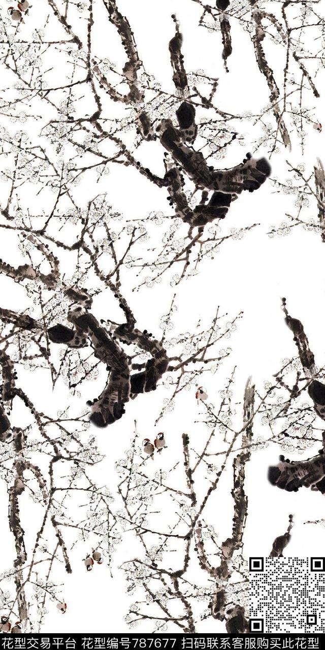 树枝水墨中国风数码印花华亿平台下载（图片编号: 787677） - 瓦栏（Walan）