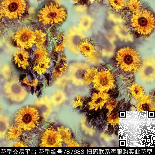向日葵油画花卉数码印花华亿平台下载（图片编号: 787683） - 瓦栏（Walan）