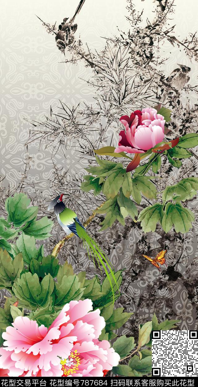 花卉花鸟牡丹数码印花华亿平台下载（图片编号: 787684） - 瓦栏（Walan）