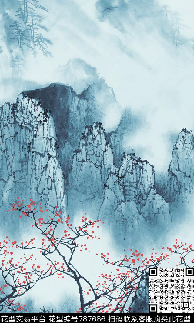 水墨山水风景数码印花华亿平台下载（图片编号: 787686） - 瓦栏（Walan）