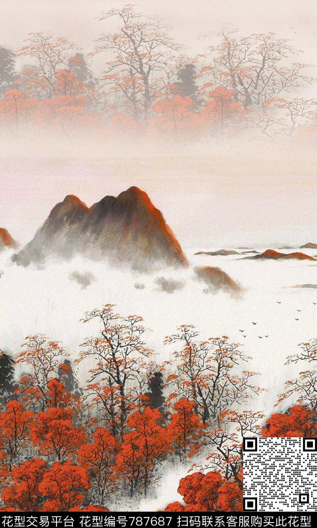 水墨山水风景数码印花华亿平台下载（图片编号: 787687） - 瓦栏（Walan）