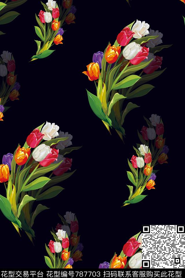 康乃馨郁金香大花传统印花华亿平台下载（图片编号: 787703） - 瓦栏（Walan）