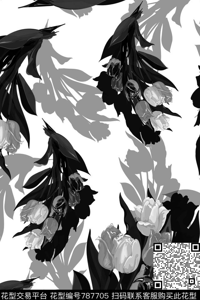 郁金香花卉黑白花传统印花华亿平台下载（图片编号: 787705） - 瓦栏（Walan）