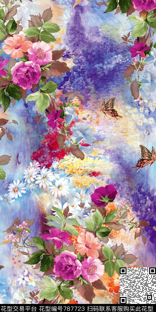 牡丹玫瑰花鸟数码印花华亿平台下载（图片编号: 787723） - 瓦栏（Walan）