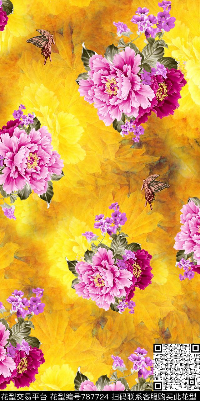 牡丹玫瑰花鸟数码印花华亿平台下载（图片编号: 787724） - 瓦栏（Walan）