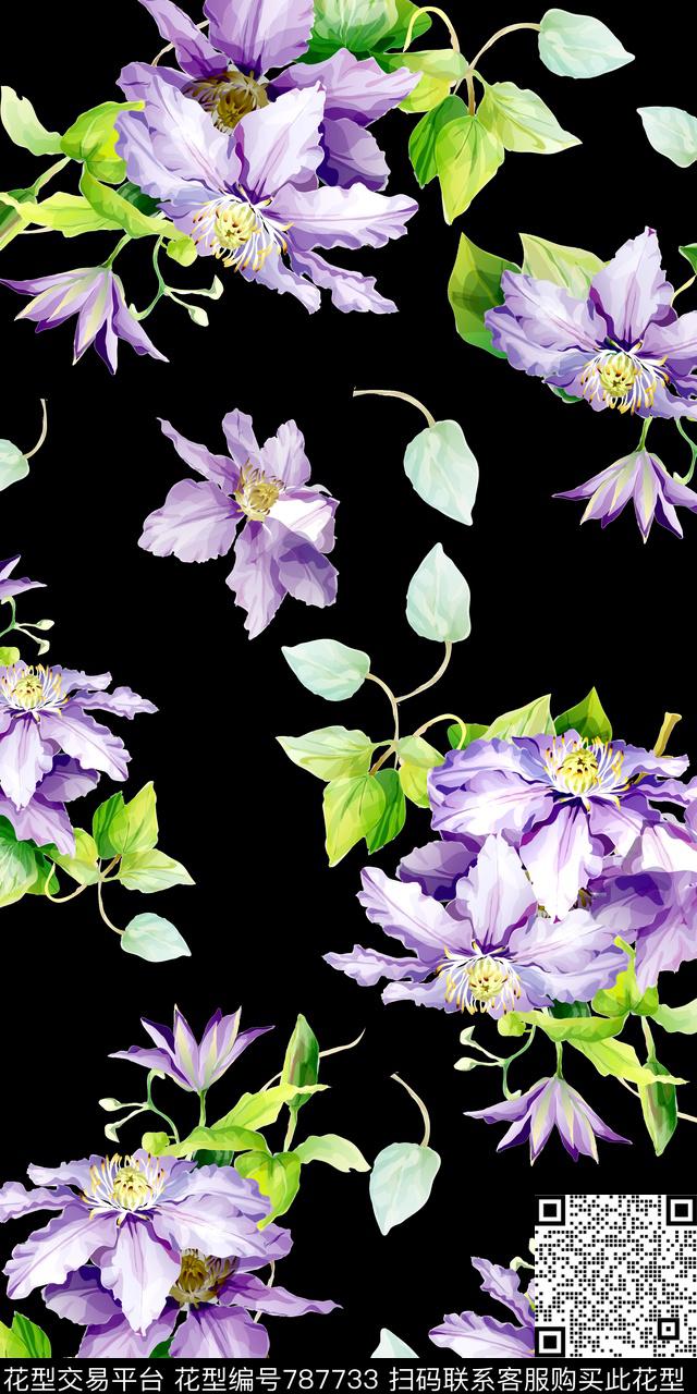 花卉紫花黑底数码印花华亿平台下载（图片编号: 787733） - 瓦栏（Walan）