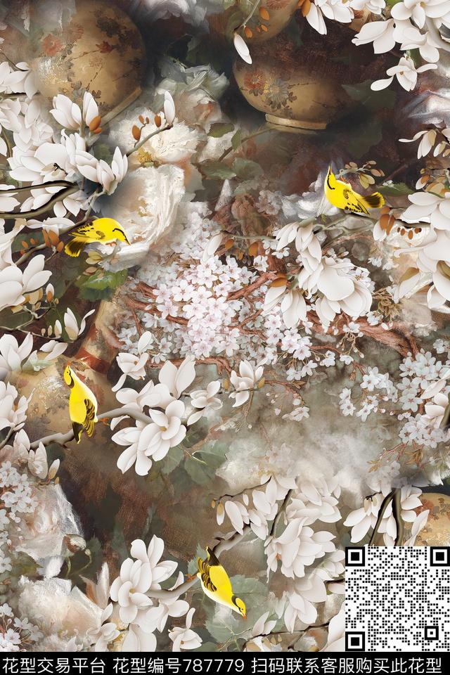 玉兰鸟手绘数码印花华亿平台下载（图片编号: 787779） - 瓦栏（Walan）