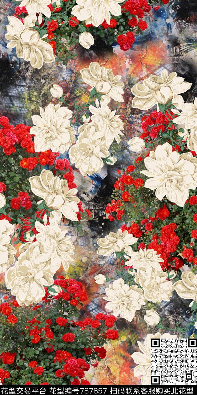 乱花樱花玫瑰数码印花华亿平台下载（图片编号: 787857） - 瓦栏（Walan）