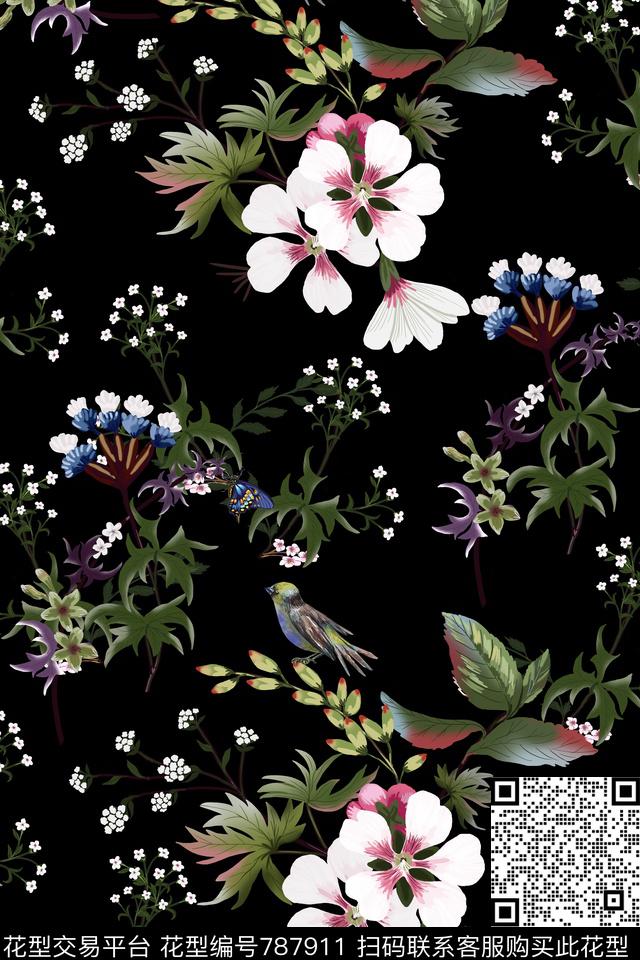 蒲公英趣味鸟传统印花华亿平台下载（图片编号: 787911） - 瓦栏（Walan）