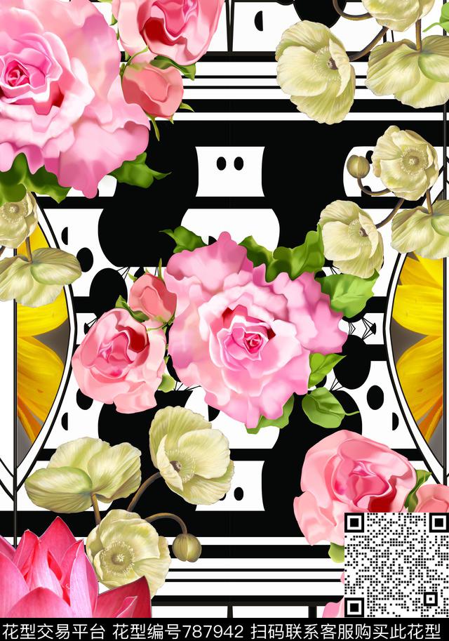 黑白图案玫瑰荷花数码印花华亿平台下载（图片编号: 787942） - 瓦栏（Walan）