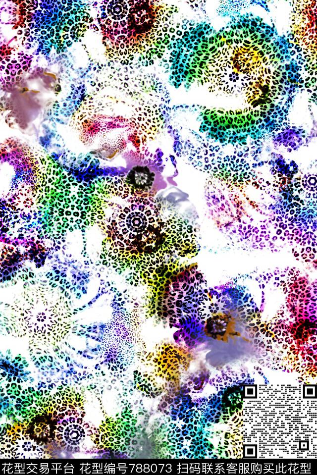 豹纹抽象花卉满版数码印花华亿平台下载（图片编号: 788073） - 瓦栏（Walan）