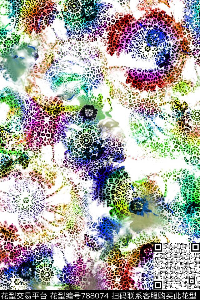 豹纹抽象花卉满版数码印花华亿平台下载（图片编号: 788074） - 瓦栏（Walan）