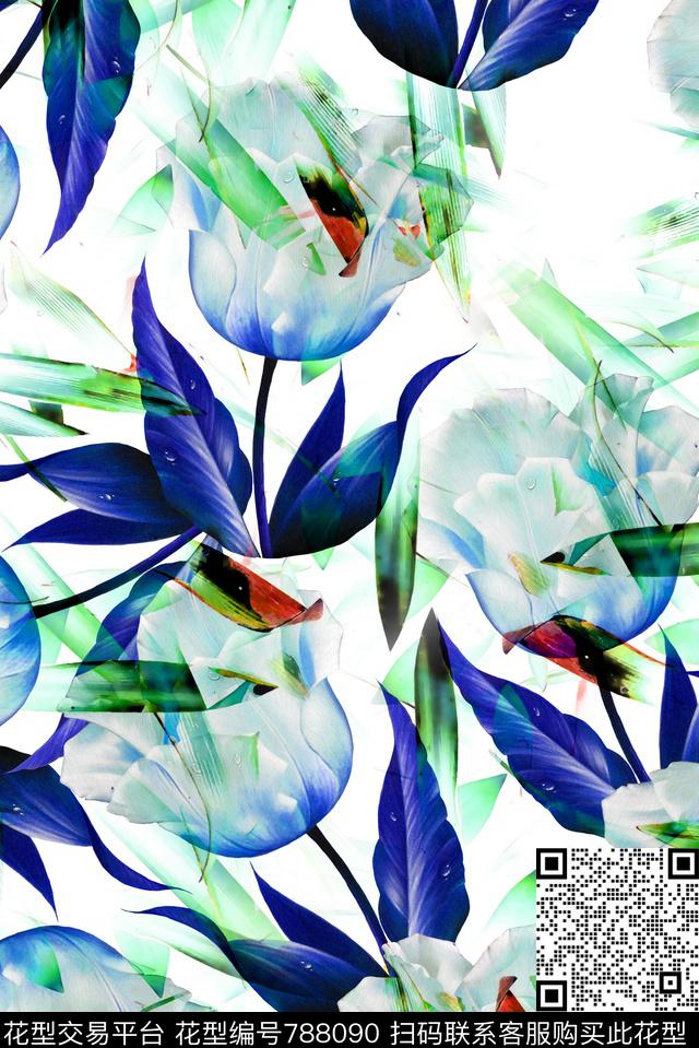 花卉树叶满版数码印花华亿平台下载（图片编号: 788090） - 瓦栏（Walan）