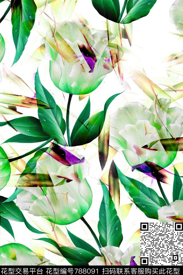 花卉树叶满版数码印花华亿平台下载（图片编号: 788091） - 瓦栏（Walan）