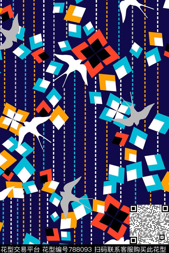 几何满版鸟传统印花华亿平台下载（图片编号: 788093） - 瓦栏（Walan）