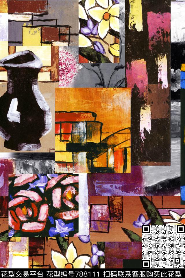 时尚抽象拼贴数码印花华亿平台下载（图片编号: 788111） - 瓦栏（Walan）