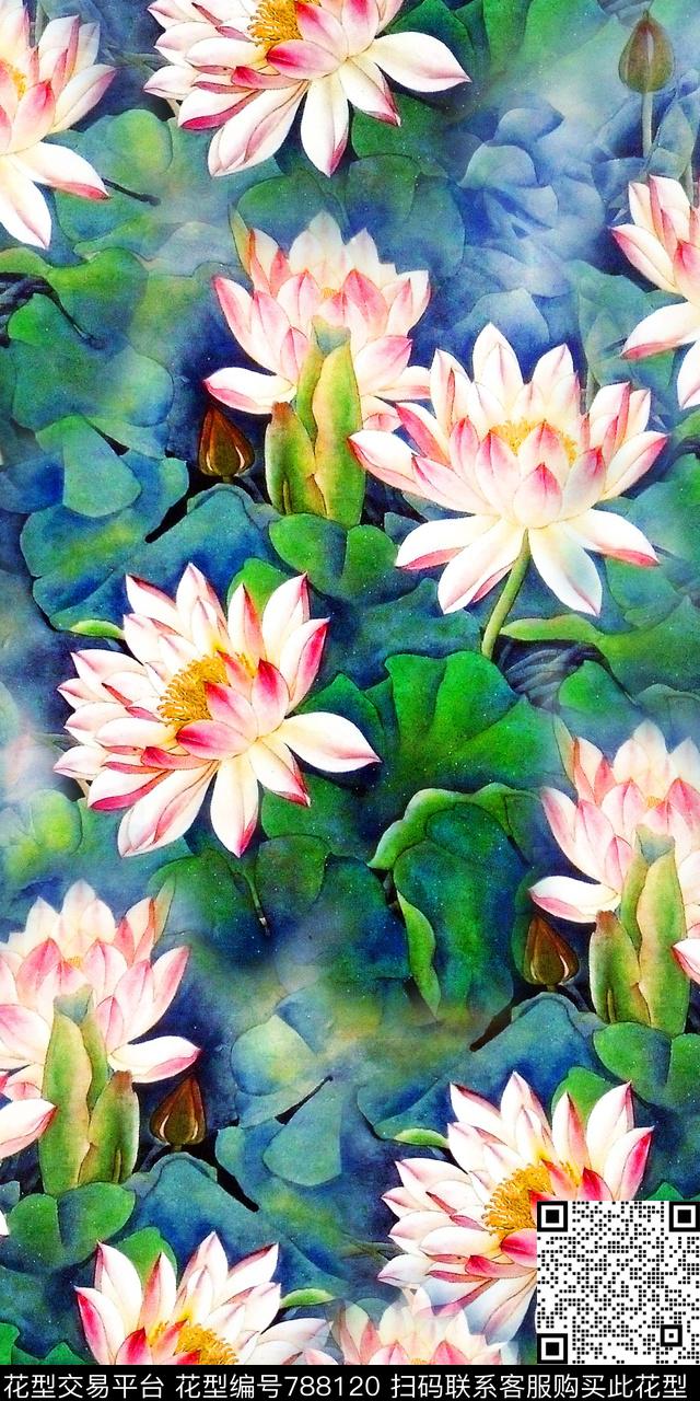 数码印花油画荷花数码印花华亿平台下载（图片编号: 788120） - 瓦栏（Walan）