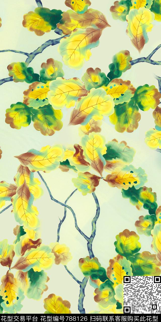 水彩手绘叶子数码印花数码印花华亿平台下载（图片编号: 788126） - 瓦栏（Walan）
