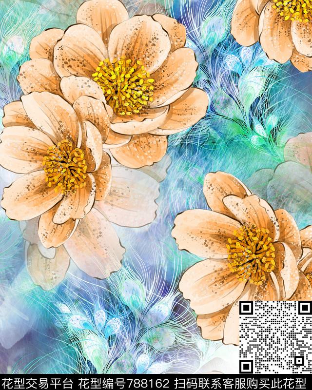 绚烂羽毛花卉手绘花数码印花华亿平台下载（图片编号: 788162） - 瓦栏（Walan）