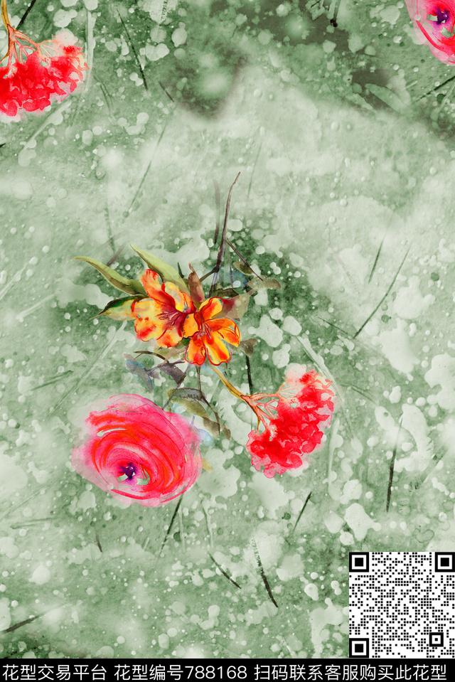 草木绿水彩花卉数码印花华亿平台下载（图片编号: 788168） - 瓦栏（Walan）