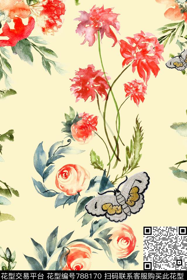 复古手绘花卉数码印花华亿平台下载（图片编号: 788170） - 瓦栏（Walan）