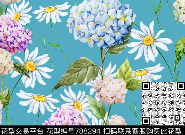 花卉手绘花卉绣球花传统印花华亿平台下载（图片编号: 788294） - 瓦栏（Walan）