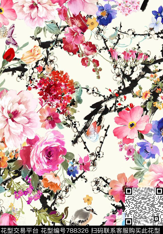花卉花朵水墨水彩数码印花华亿平台下载（图片编号: 788326） - 瓦栏（Walan）